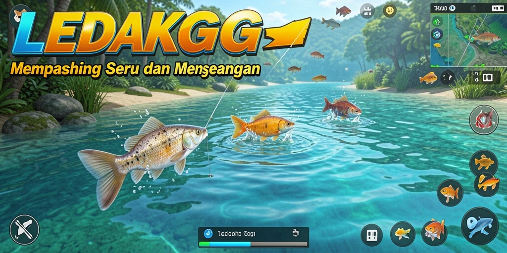 Tampilan gameplay LEDAKGG yang seru dan menarik saat memancing.